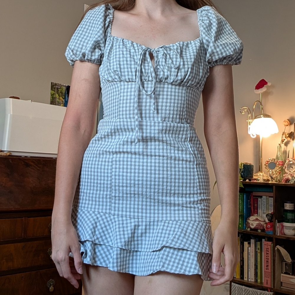 Line & Dot Blue Checkered Mini Dress